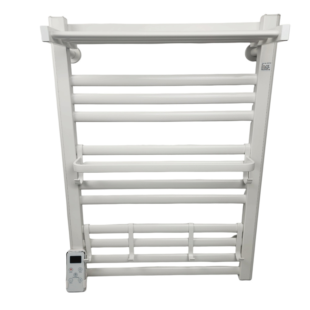 12-Bar Heated Towel Warmer & Drying Rack Wall Mounted Timer Remote White Plug-In